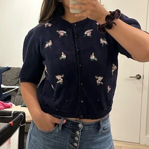 Richards Navy Floral Embroidered Blouse Vintage‎ Style Large 100% cotton